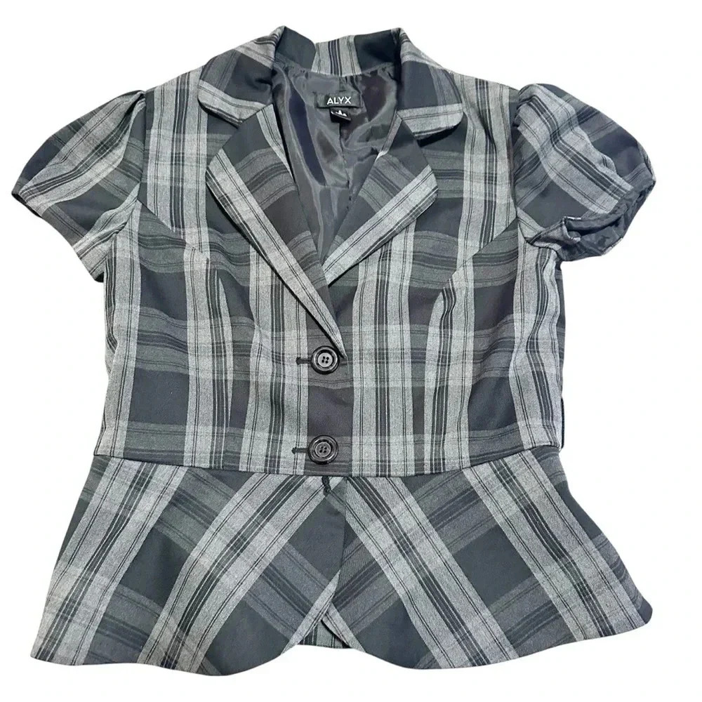 Grey plaid peplum blazer with puffy sleeves size 6 - Picture 1 of 12